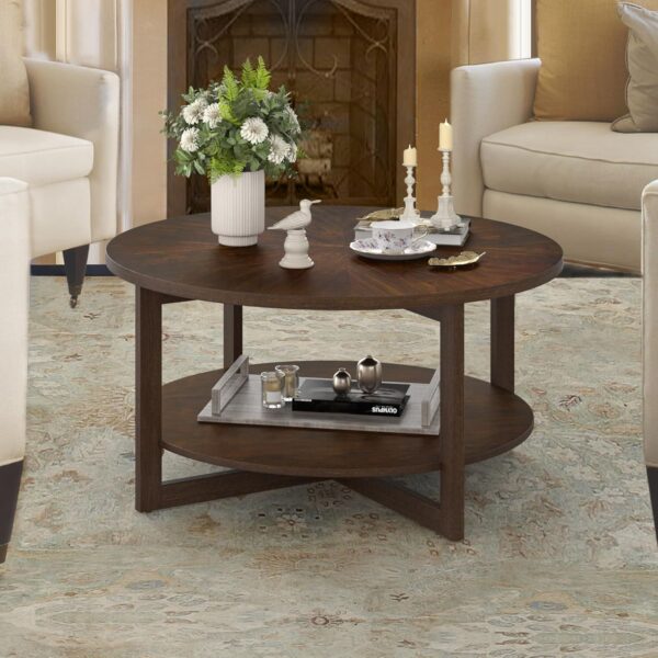 Round Coffee Table, 35" Rustic Modern Circle Coffee Tables with 2-Tier Storage Shelf, Sofa Table, Cocktail Table for Living Room, Dark Walnut - Image 4