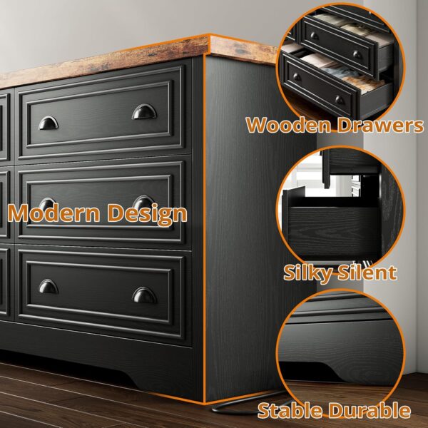 LIKIMIO 59" 6 Drawers Dresser for Bedroom, Power Strip, Farmhouse Large Wood Dressers & Chest of Drawers with Wide Storage Cabinet, Black - Image 7