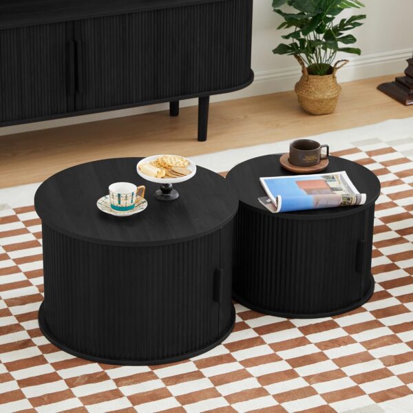 Coffee Table, Modern Round Coffee Table Set of 2 with Storage Compartment and Sliding Door, Side End Accent Table for Living Room, Bedroom, Apartment, Office (Black) - Image 5