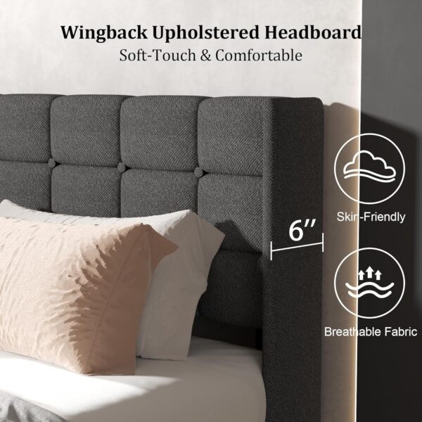 Queen Size Platform Bed Frame with Upholstered Headboard and Wingback, Mattress Foundation with Wooden Slat Support, No Box Spring Needed, Easy Assembly, Noise Free, Dark Gray - Image 10