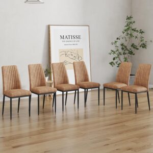 Brown Dining Chairs Set of 6, Comfortable Dining Room Chair, Metal Kitchen Chairs with PU Leather and High Back, Sillas para Comedor Set de 6 for Living Room (BR-6)