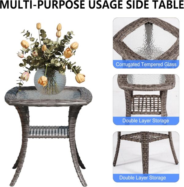 3 Piece Outdoor Swivel Patio Rocker Chairs Bistro Set, Gray Wicker Patio Rocking Chairs with Small Side Table and Cushions for Porch, Outside, Pool, Deck, Yard, Garden - Image 7