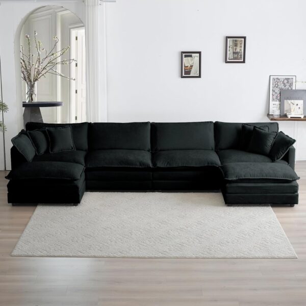 GNIXUU 146“ Oversized Modular Sectional Sofa Cloud Couch for Living Room, Modern Chenille Large U Shaped Couch, Comfy Deep Seat Couch with Reversible Chaise & Cushions(6 Seater, Black) - Image 7