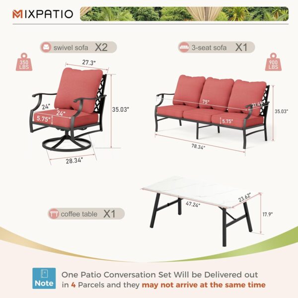 Patio Furniture Set 4 pcs, Metal Outdoor Patio Furniture, 3-Seat Sofa, 2 Swivel Chairs, Coffee Table and 5.75" Extra Thick Cushions, Conversation Set for Backyard Deck, Red - Image 6