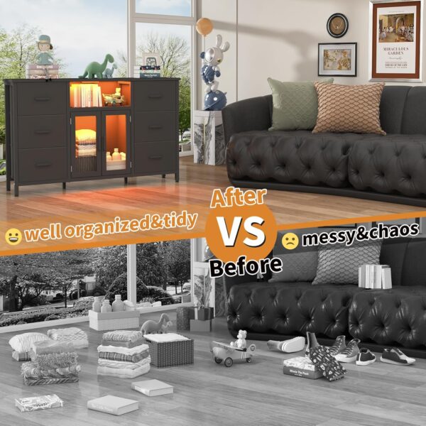 Dresser,Black Dresser for Bedroom Dresser TV Stand with Charging Station for 60" TV Long 6 Drawer Dresser for Bedroom with LED Light Large Fabric Dresser Organizer Unit Tall Chest of Drawers for Kids - Image 7