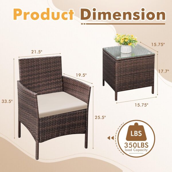 Flamaker Patio Furniture Set 3 Pieces All-Weather Rattan Outdoor Furniture Patio Chairs with Tempered Glass Table for Porch Bistro Balcony (Brown/Cream) - Image 7