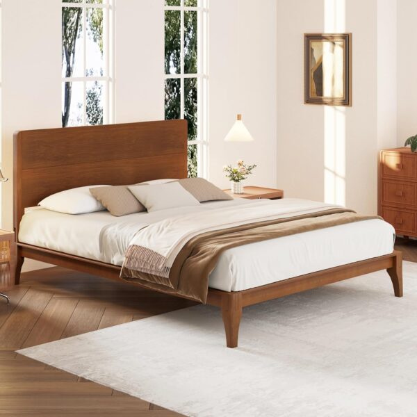 Merax King Size Bamboo Platform Bed, Mid-Century Modern Bed Frame with Tall Headboard, Wood Slat Support, No Box Spring Needed, Easy Tool-Free Assembly, Brown - Image 4