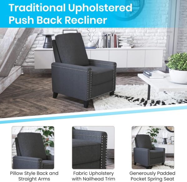 Flash Furniture Carson Transitional Style Push Back Recliner Chair - Gray Fabric Upholstery - Accent Nail Trim - Pillow Back Recliner - Image 4