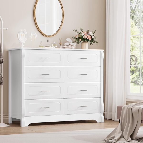 HITHOS 8 Drawer Dresser for Bedroom, White Dresser, 47" Wood Dresser & Chest of Drawers, Modern Double Storage Dresser Cabinet with Deep Drawers | Metal Handles for Living Room, Hallway, Entryway - Image 4