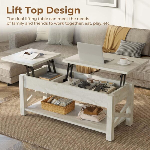 Rolanstar Coffee Table 47.2", 2 Way Lift Top Farmhouse Center Table with Hidden Compartment, Open Shelf & X Wooden Support for Living Room, Grey - Image 5