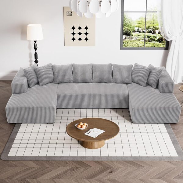 131" Modular Sectional Couch, Luxury Couches for Living Room, Comfy Corduroy Couch Sectional Sofa with Double Chaise Lounge, Free Combination Sleeper Sofa with Memory Foam, Grey - Image 7