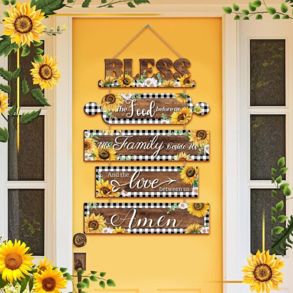 Sintuff Sunflower Kitchen Wall Decor Bless The Food Before Us Sign Farmhouse Kitchen Wooden Wall Signs Rustic Dining Room Wall Art Country Vintage Hanging Decoration for Home Room (Plaid Style) - Image 3