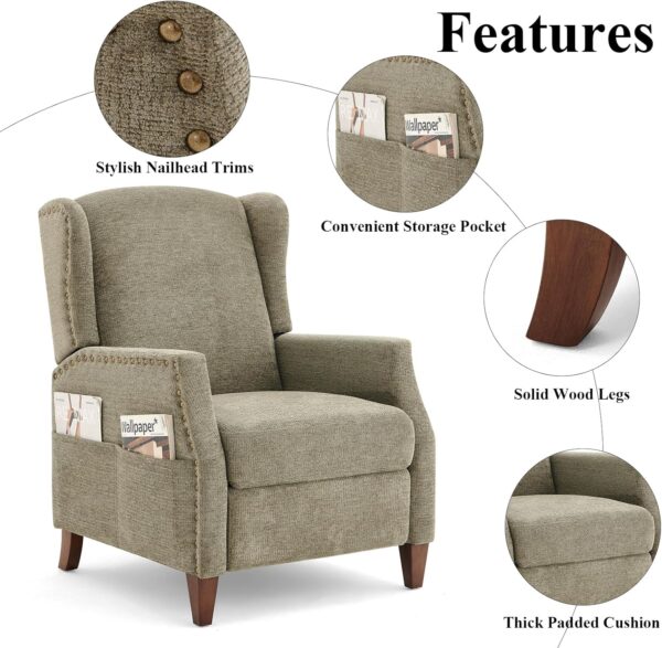 COLAMY Wingback Pushback Recliner Chair with Storage Pocket, Upholstered Fabric Living Room Chair Armchair with Wood Legs and Nailhead Trim, Green - Image 5