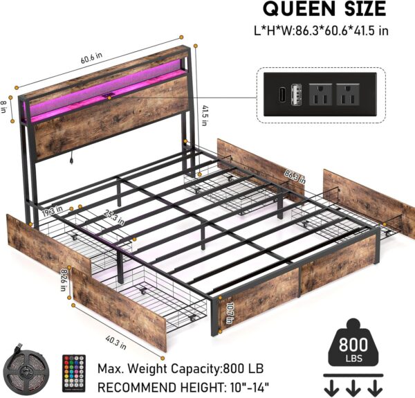 Queen Size Bed Frame with 4 Storage Drawers and Headboard with Charging Station and LED Lights,2 Tier Solid Wood Headboard Storage,Noise Free, No Box Spring Needed,Remote Control/Vintage Brown - Image 2