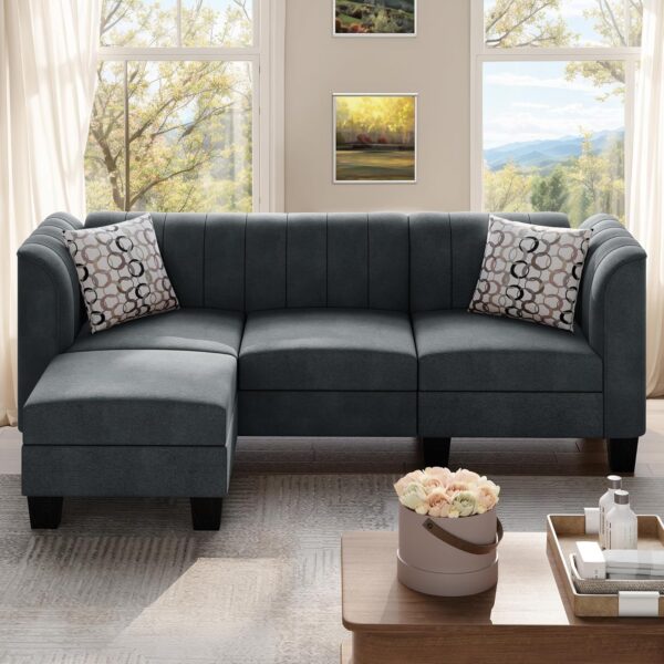 Shintenchi Upgraded Convertible Sectional Sofa Couch, 3 Seat L Shaped Sofa with High Armrest Linen Mid Century Fabric Small Couch for Living Room, Apartment and Office (Charcoal) - Image 6