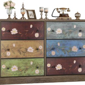 finetones 47.5’’ Wide Dressers & Chests of Drawers, 6 Drawer Dresser Boho Dresser TV Stand, Wood Dresser Vintage Dresser Chest of Drawers for Home, 47.5W x 16.7D x 31.9H Inch