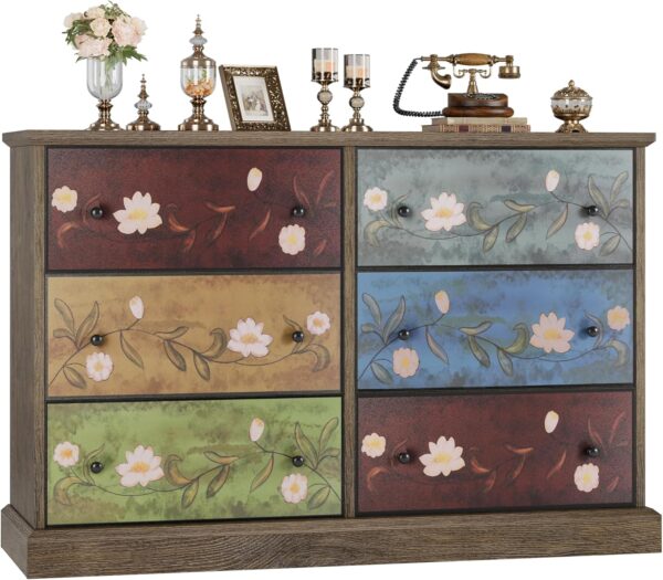 finetones 47.5’’ Wide Dressers & Chests of Drawers, 6 Drawer Dresser Boho Dresser TV Stand, Wood Dresser Vintage Dresser Chest of Drawers for Home, 47.5W x 16.7D x 31.9H Inch