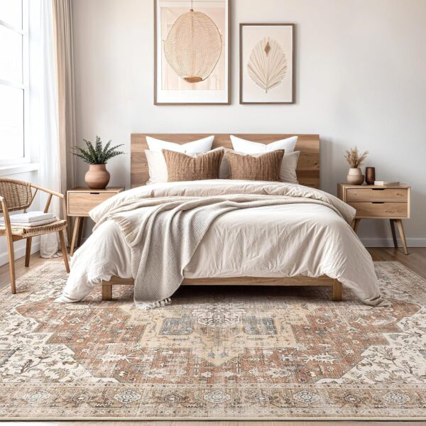Washable Rug 9x12 Area Rugs: Boho Vintage Distressed Oriental Medallion Neutral Thin Large Rug Carpet for Living Room Bedroom Dining Room Home Office Decor - Brick Red - Image 7