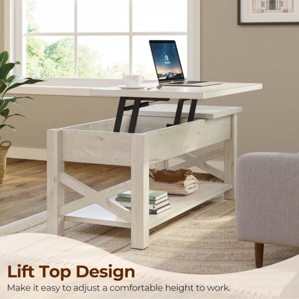 Rolanstar Coffee Table 47.2", 2 Way Lift Top Farmhouse Center Table with Hidden Compartment, Open Shelf & X Wooden Support for Living Room, Grey - Image 6