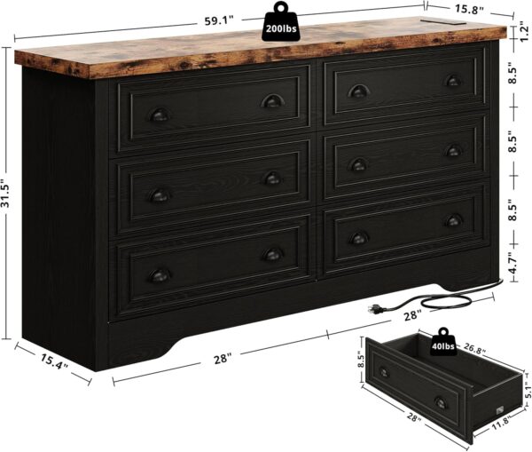 LIKIMIO 59" 6 Drawers Dresser for Bedroom, Power Strip, Farmhouse Large Wood Dressers & Chest of Drawers with Wide Storage Cabinet, Black - Image 2