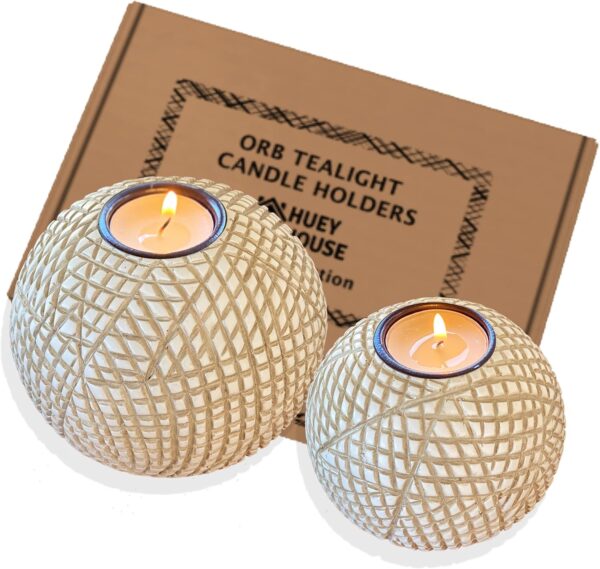 Luca Orb Candle Holders (Gift Boxed Set of 2), Table Centerpieces for Dining or Living Room, Spa, Bathroom, Kitchen Counter, Mantle or Coffee Table Decor (Grid Pattern, Beige and White)