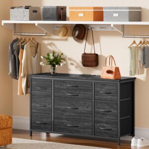 Dresser for Bedroom with Power Outlets, 55 inch TV Stand with Wood Tabletop, 10 Drawers Dresser with Big Storage, Wide Dressers Chests of Drawers with Fabric Storage, Black Wood Grain dresser
