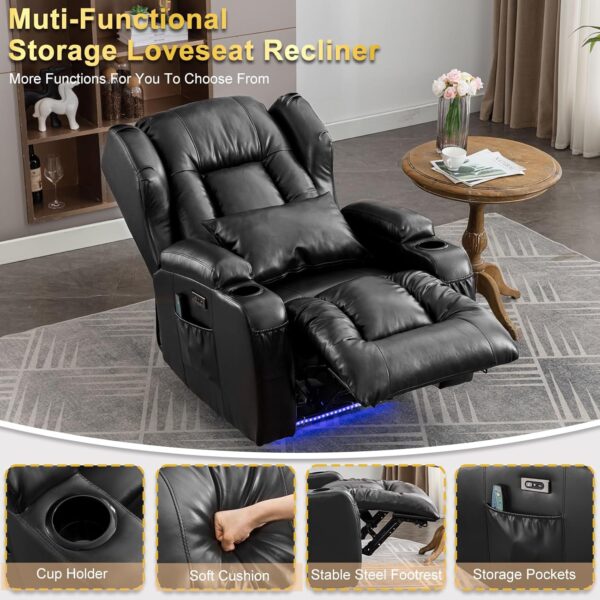IPKIG Power Recliner Chair with LED Lights - Faux Leather Electric Home Theater Seating Movie Reclining Chairs with Lumbar Pillow/USB Port/Side Pockets/Cup Holders for Living Room, Movie Room (Black) - Image 6