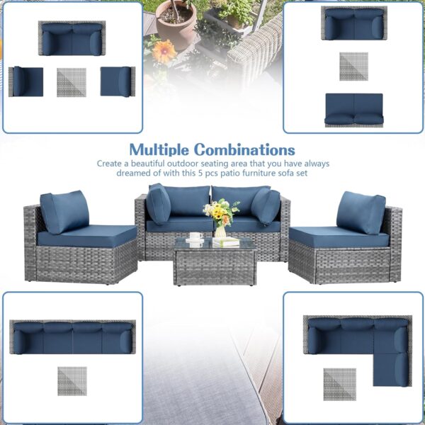Shintenchi 5 Pieces Outdoor Patio Sectional Sofa Couch, Silver Gray PE Wicker Furniture Conversation Sets with Washable Cushions & Glass Coffee Table for Garden, Poolside, Backyard (Aegean Blue) - Image 3