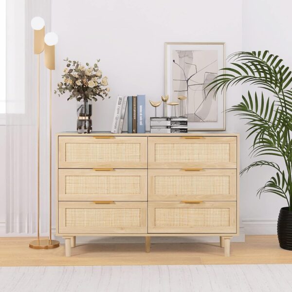 Rattan Dresser for Bedroom, Modern 6 Drawer Double Dresser with Gold Handles, Wood Storage Chest of Drawers fo Bedroom,Living Room,Hallway (Natural)