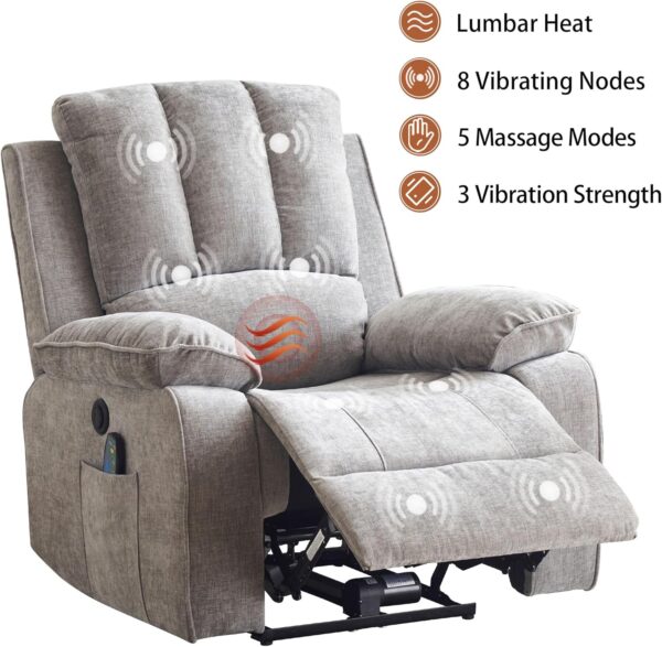 Power Recliner Chair with Massage and Heat, Overstuffed Electric Recliner for Living Room, Upholstered Soft Fabric Reclining Sofa Chair (Grey-Fabric) - Image 4