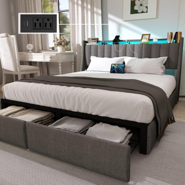 Full Bed Frame with Charging Station and 2 Storage Drawers, Upholstered Full Size Bed Frame with RGB LED Lights Headboard, No Box Spring Needed, Easy Assembly, Gray