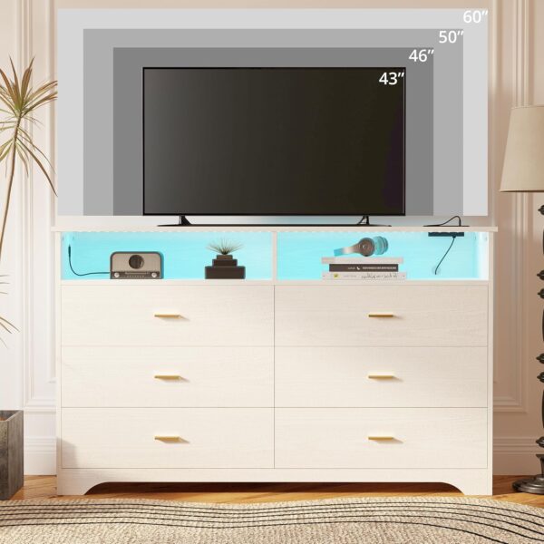 LIKIMIO 6 Drawer 59" White Dresser with LED and Power Strip, Dressers & Chests of Drawers with Storage Cabinet for Bedroom - Image 3