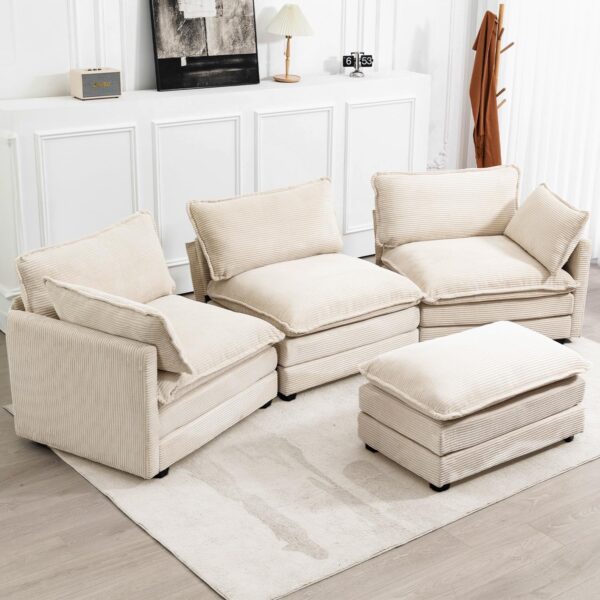 ROWHY Oversized Modular Sectional Sofa with Movable Ottoman, 112 Inch 4 Seat Modern Corduroy Sofa Set, Convertible L Shaped Couch for Living Room and Office, Beige - Image 3