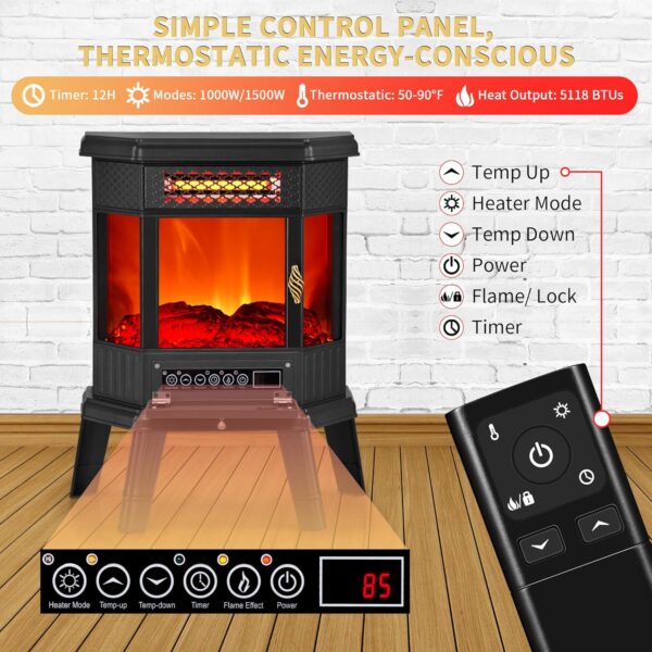 Electric Fireplace Heater 22 in Freestanding Fireplace Stove Infrared Fireplace RealSmart with 3D Flame Effect Remote Control, Timer, Overheating Protection Heater for Indoor Use Black - Image 3