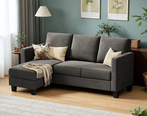VICTONE Convertible Sectional Sofa Couch, 3 Seat L-Shaped Sofa with Linen Fabric Ottoman Small Couch for Small Apartments, Living Room and Office (Dark Gray) - Image 3