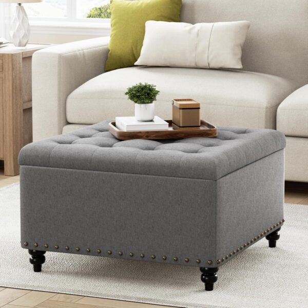 HUIMO Square Storage Ottoman,Ottoman Coffee Table with Storage,Oversized Ottoman,Tufted Ottoman for Living Room (Grey) - Image 3