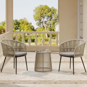 EAST OAK Breezeway 3-Piece Patio Bistro Set, Patio Chairs Bistro Set with 2 Wide Ergonomic Chairs, Cushions & Glass Top Side Table, Outdoor All-Weather Wicker Furniture for Balcony, Brown & Grey