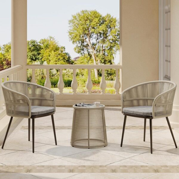 EAST OAK Breezeway 3-Piece Patio Bistro Set, Patio Chairs Bistro Set with 2 Wide Ergonomic Chairs, Cushions & Glass Top Side Table, Outdoor All-Weather Wicker Furniture for Balcony, Brown & Grey