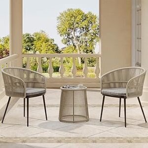 EAST OAK Breezeway 3-Piece Patio Bistro Set, Patio Chairs Bistro Set with 2 Wide Ergonomic Chairs, Cushions & Glass Top Side Table, Outdoor All-Weather Wicker Furniture for Balcony, Brown & Grey