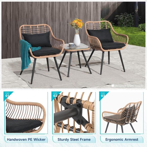 Verano Garden 3 Piece Patio Bistro Set, Outdoor Wicker Conversation Chair Sets Balcony Furniture,Coffee Table with Glass Top, Cushions & Lumbar Pillows for Porch, Backyard, Deck, Poolside - Image 3