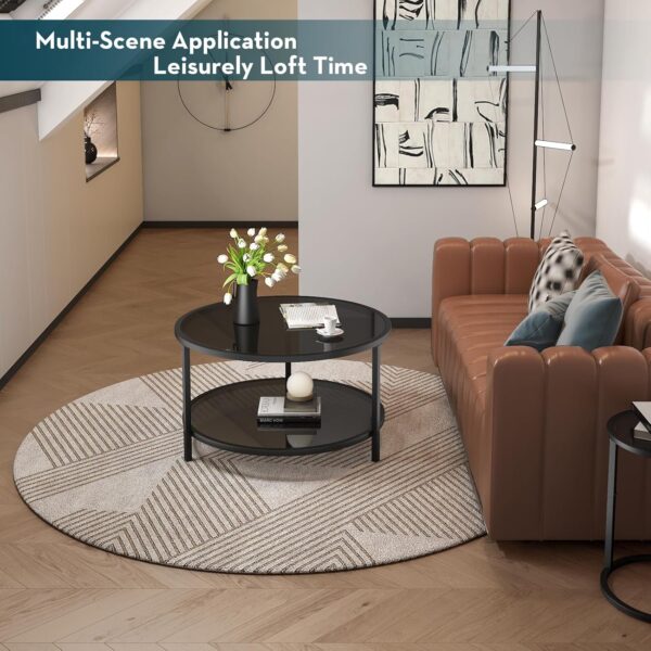 SAYGOER 27.6'' Round Coffee Table 2 Tier Black Glass Coffee Tables with Storage Shelf for Large or Small Space Modern Simple Sofa Table for Living Room Home Office, Easy Assembly… - Image 7