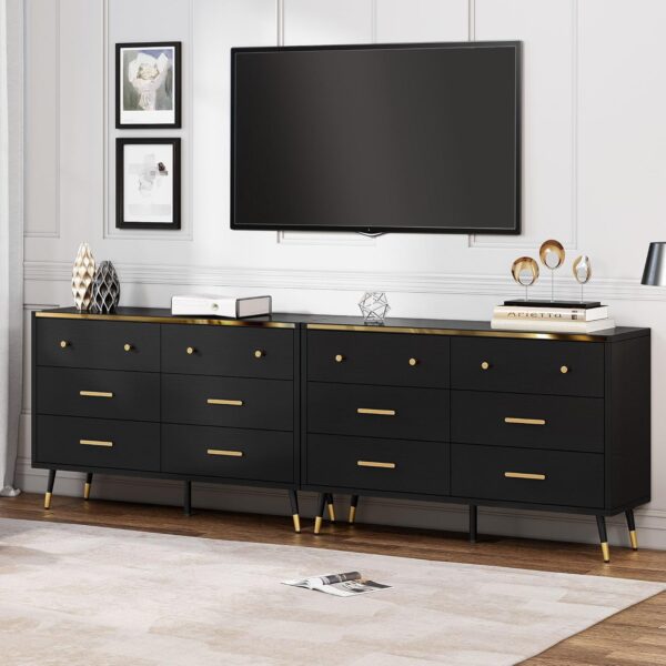 DWVO Black 6 Drawer Dresser, 47" W Large Double Dresser Chest of Drawers, Modern Wood Storage Dresser Organizer with Golden Metal Handles & Anti-Tipping Device for Hallway, Entryway, Dresser Room - Image 7