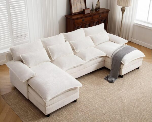 U Shape Cloud Couch, 4 Seats Comfy Sectional Sofa Couches for Living Room, Modular Chenille Sofas with Double Reversible Chaise for Spacious Space Apartment, Grey