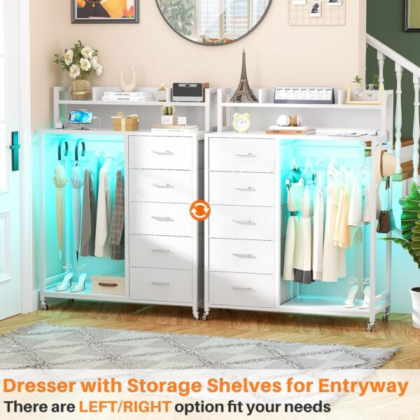 Cyclysio Dresser for Bedroom with Clothes Rack & Shelves, White 5 Drawers Dresser with Charging Station & LED Lights, Chest of Drawers with Lockable Wheels, Storage Shelves, Bedroom, Closet,Entryway - Image 2