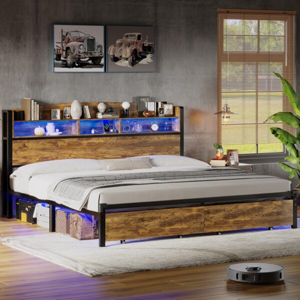 Queen Bed Frame with RGB LED Light Headboard, USB-C/A Charging Station, Metal Platform Bed with Storage Drawers, No Box-Spring Needed, Vintage Brown & Black - Image 6