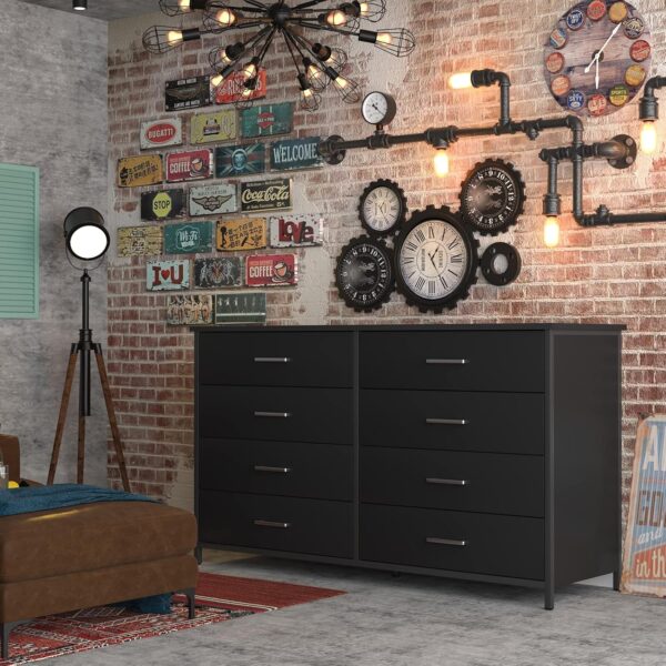 IKENO 8 Drawer Dresser for Bedroom, Industrial Wood Dresser Wide 8 Chest of Drawers, Wooden Storage Organizer Dresser with Sturdy Steel Frame (Black) - Image 6