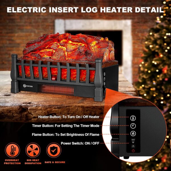 Electric Fireplace Logs Inserts Heater with Infrared Remote Controller 5 Flame Brightness 24 H Timer Overheating Protection for Home and Office Decor Black - Image 4