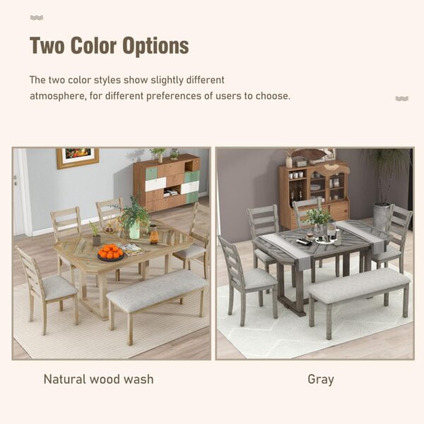 Merax 6-Piece Rubber Wood Dining Table Set with 4 Cushioned Chairs and Bench, Beautiful Wooden Grain Pattern Tabletop, Grey - Image 4