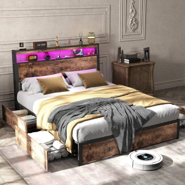 Queen Size Bed Frame with 4 Storage Drawers and Headboard with Charging Station and LED Lights,2 Tier Solid Wood Headboard Storage,Noise Free, No Box Spring Needed,Remote Control/Vintage Brown - Image 8