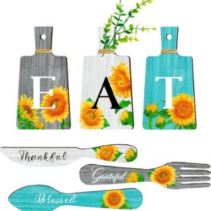 Set of 6 Sunflower Kitchen Decor Cutting Boards Dining Eat Signs Forks and Spoons Hanging Wooden Kitchen Wall Decor Dining Room Hanging Signs Rustic Farmhouse Kitchen Wall Art Decor (Gray，White，Blue)